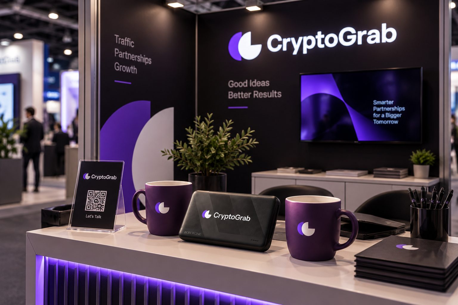 CryptoGrab expo booth with branded mugs, power bank, pens and notebooks