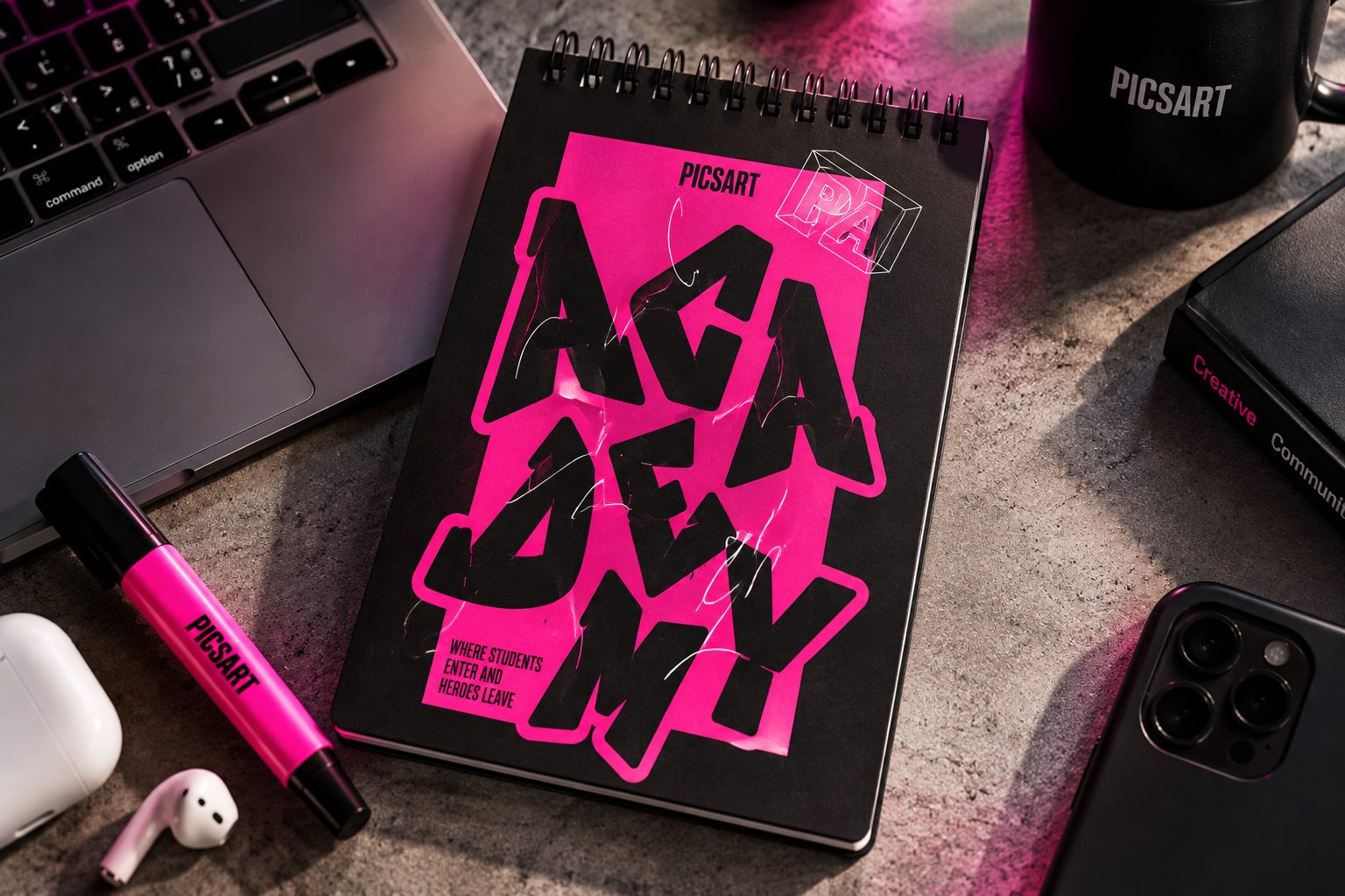 Picsart Academy notebook, highlighter and mug
