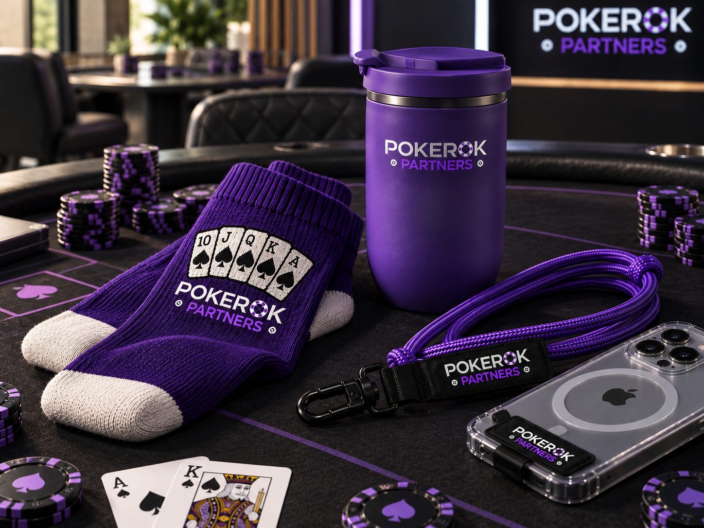 Pokerok Partners merch: embroidered socks, purple tumbler and rope lanyard