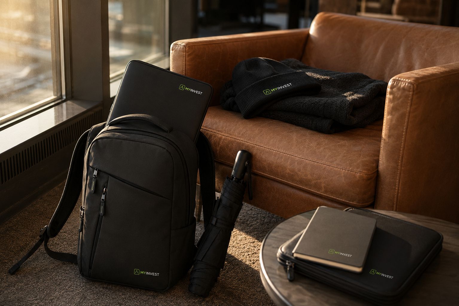 Branded backpack, blanket and beanie in a lounge