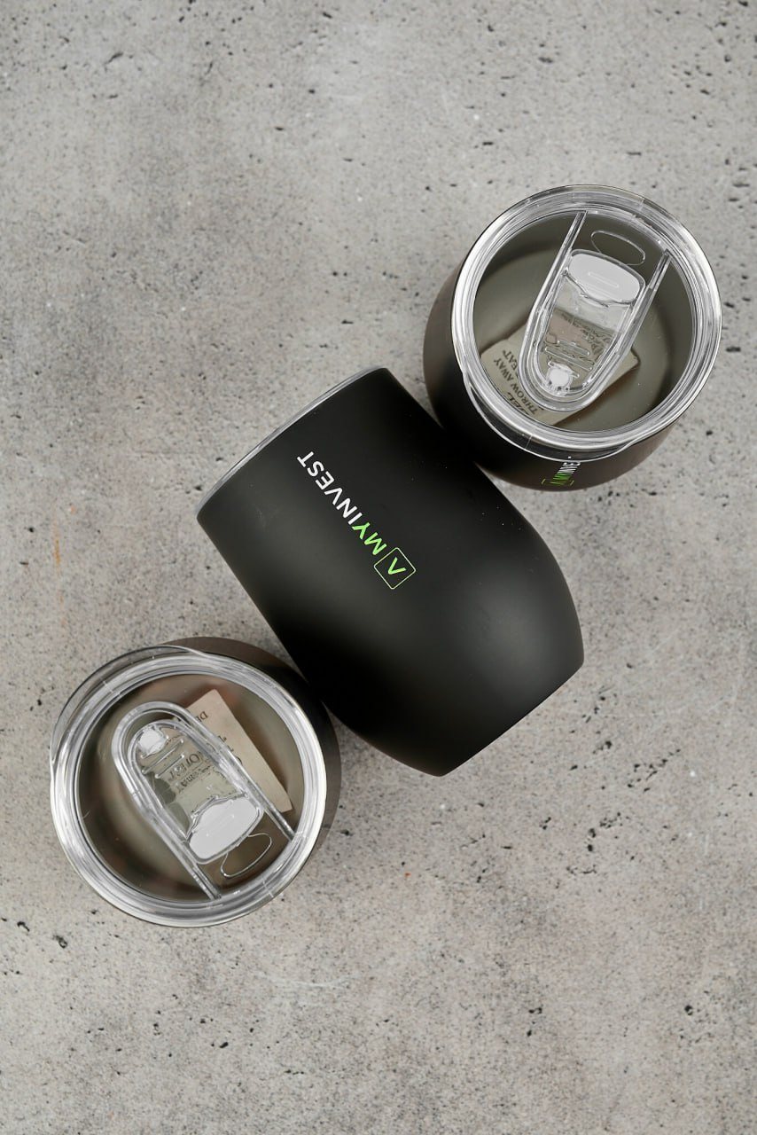 MyInvest engraved thermo tumblers, top view